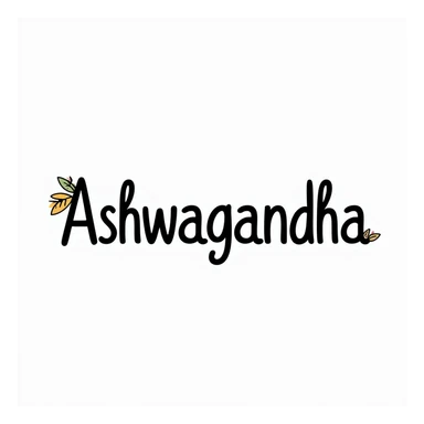 The word "Ashwagandha" hand-drawn in white text with a dark background and just a few colorful accents. Simple doodle style with minimal decoration. sticker