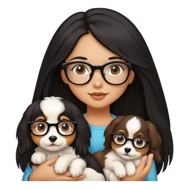 A beautiful girl with long black hair and glasses is holding a long-haired white and brown puppy sticker