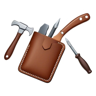 Leatherworking icon, piece of raw leather being crafted into a leather wallet or belt, professional tools like leather stitching awl, edge beveler, hammer, prying tool, minimalistic style, clean lines, transparent background. sticker