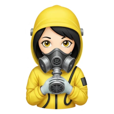 Sticker of a girl with straight black hair, wearing a yellow hazmat suit and a gas mask. Serious atmosphere, cartoon style, radiation danger background. sticker