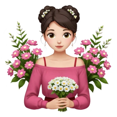 a girl  sitting  near various bouquets of flowers , white and pink flowers . She is holding a single white flower up to her face, Her hairstyle is slightly messy updo, with a few soft strands falling around her face, . She wears a red off-shoulder cardigan and a white long skirt. sticker