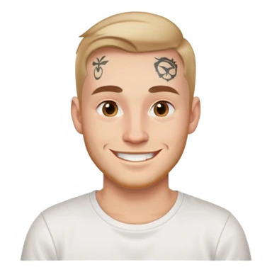 white man with small face tattoo, smiling, wearing a white t-shirt sticker
