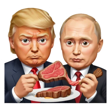photorealistic Donald Trump and Putin eating a steak shaped like an piece of land sticker