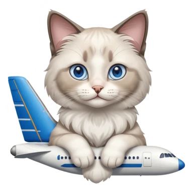 Cute ragdoll cat on an airplane. Should sit on top of the plane, cat is way bigger than airplane. Can you make the plane cooler like airbus a380 and the cat a bit happier? I liked the first and last pic out of these. Cat should be ragdoll with white and grey just like these sticker