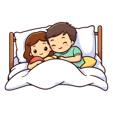 Brunette girl and brown boy cuddling in bed sticker