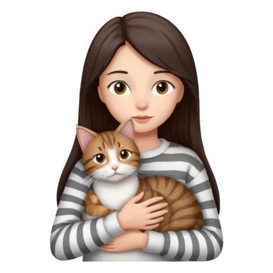 a girl with long dark brown hair, in a
white sweater and brown eyes, hugs a tabby
grey and white strips one cat. sticker