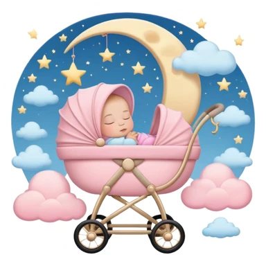 sleeping baby in pink and beige stroller with crescent moon and stars above with pastel blue clouds sticker