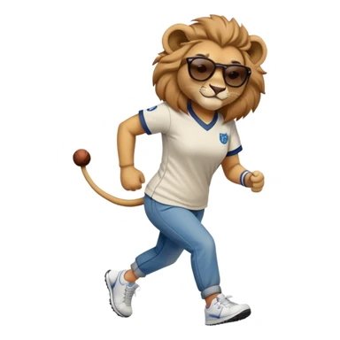 friendly anthropomorphised female lion wearing a baseball shirt, jeans, trainers, dark sunglasses, jogging upright, looking dominant and confident sticker