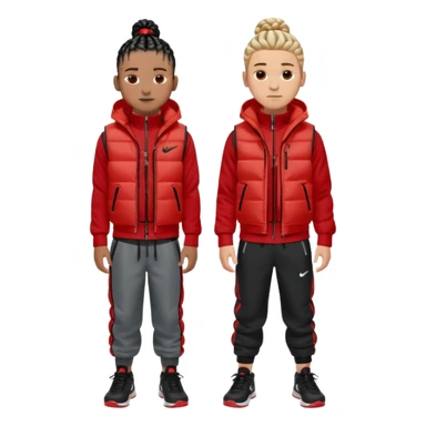 2 boys one wearing red nike tech with a black puffer vest and posing with black shoes and other with cornrows and a grey hoodie with black pants tan sticker