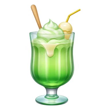 Create an emoji with a clear rounded glass, bright transparent green soda, vanilla ice cream scoop
 sticker