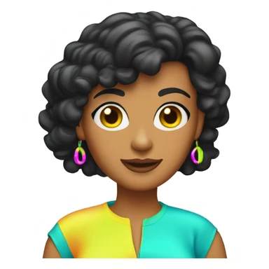 Tanned woman with black hair wearing 1980s style neon outfit and hair sticker