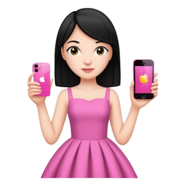 chica blanca con pelo negro liso sosteniendo con una sola mano un celula iphone 13 rosa, con vestimenta d salir de fiesta sticker