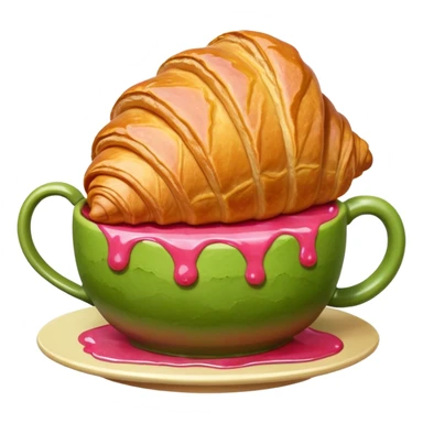 A giant croissant with a closed matcha mug with a strawberry syrup base sticker