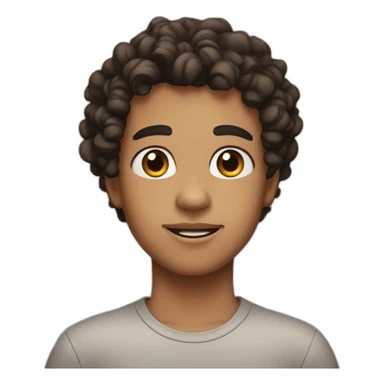 a boy with curly mid long hair, brown eyes, big lips, beautiful eyebrows with a black sweat sticker