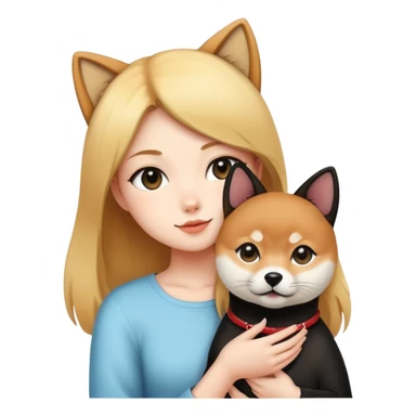 The girl is holding a black cat and a Shiba Inu sticker