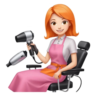 smiling woman client in pink apron sitting in salon chair, female hairstylist smiling behind her with orange apron, holding a hairdryer in right hand sticker