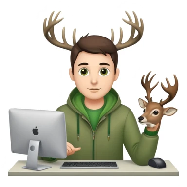 Guy works at computer with deers antlers, green clothes, brown eyes  sticker