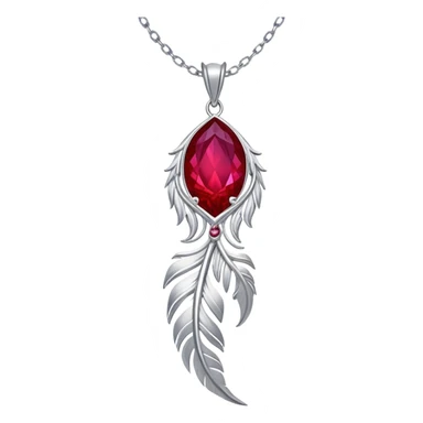 phoenix feather-inspired ruby pendant with cosmic aura, deep red glow, silver chain flowing like water, feather-like textures sticker