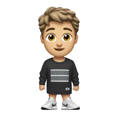 A very little tanned white boy with brown hair is very important that he has brown hair, short and a little wavy, with New Balance 1906R Grey, white Nike socks, a black Nike running jogging and a black Under Armour t-shirt. sticker