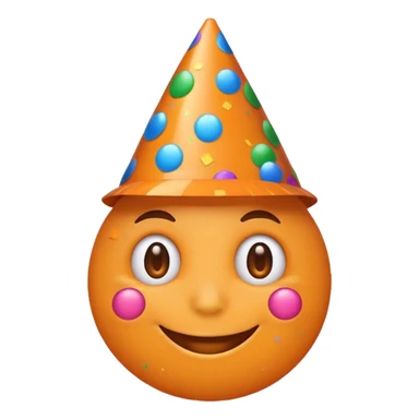 orange excited emoji, smiling eyes, party hat, confetti sticker