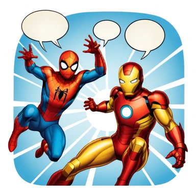 Icon for Vintage Comics and Manga: an open comic book with retro Marvel-style artwork, featuring iconic superheroes like Spider-Man and Iron Man, with speech bubbles and action lines. The icon should capture the dynamic and colorful nature of classic comics and manga. Transparent background. sticker