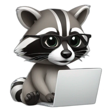 racoon wearing square glasses and white tee working on a black laptop sticker