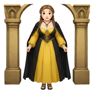 Helga Hufflepuff,brown-haired,2 braids,yellow-black medieval open dress,deep neckline,fat macromastia,black cloak decorated with gold braiding,gold cup with two handles,very kind smile,curvy busty sweet woman,round rosy cheeks,full length with medieval shoes sticker