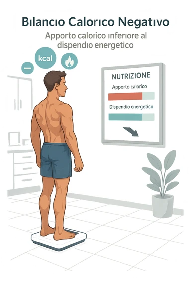 a man stands on a digital scale, looking at a nutrition chart that shows his daily calorie intake is lower than his energy expenditure. Floating icons above his head display a negative calorie balance, and his body appears slightly leaner, with visible muscle definition. The background is a modern clinic, emphasizing the concept of caloric deficit. scritto in italiano sticker