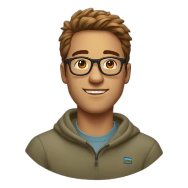 21 year old tech founder man swooped hair clear glasses wide head Patagonia sweater sticker