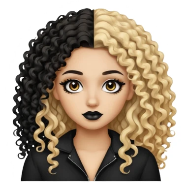 split dye leftside blonde rightside black-brown curly hair, baddie, pretty makeup, black eyeliner, long and curly hair sticker