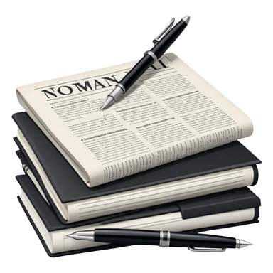 Create an emoji representing journalism and publicistic writing. The design should feature a stack of newspapers, an open notebook, and a single classic fountain pen placed on top of the notebook, symbolizing the act of writing. The scene should convey a sense of professionalism and thoughtful analysis. Use a neutral and professional color palette, with black, white, and muted tones. Do not include any emojis or smiley faces. Make the background transparent. sticker