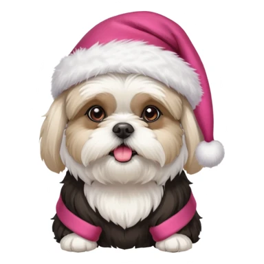 one little white all over shih tzu dog with pink santa hat and one mostly white with black havanese dog wearing a red santa hat sticker