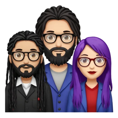 Three people standing together: on the left, a man with long hair, glasses, and a beard; on the right, a man with black dreadlocks with a red accent; in the center, a woman wearing glasses with violet-and-black hair sticker