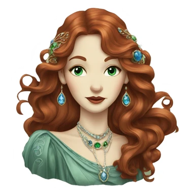 Art Nouveau lady with long swirling redbrown hair, bluegreen eyes, jewels sticker