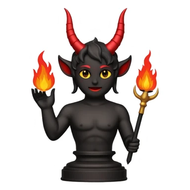 Minimalist emoji-style sticker of an Oscar-like statue with horns and fire at the base, thick black and red colors, silhouette style sticker