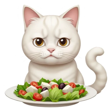 grumpy white cat sitting at a table, looking confused with its ears slightly back. In front of the cat is a plate with a salad sticker