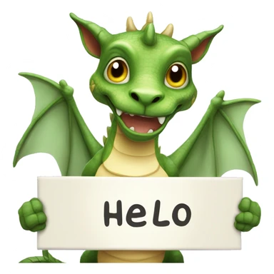  An adorable, mythical creature (a mix of a dragon and a cat)  It's looking up with big, shiny eyes, holding board SAYING HELLO with a welcoming smile sticker