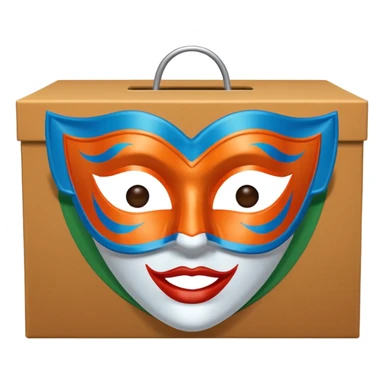 a box and a carnival mask in orange, blue and green on top of it , trying to make a carnival pack sticker