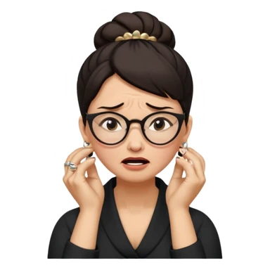  middle aged woman with dark hair pulled up in a high bun, wearing round ring earrings and glasses with a very painful expression on her face, eyes squeeed shut, wincing in pain,covering her ears with her hands, trying to not hear a terrible singer who is too loud and out of tune.  sticker