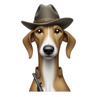 Greyhound holding a Rifle with a Stentson hat sticker