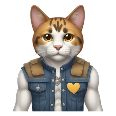 Meowscles is a muscular and humanoid calico cat without in blue jeans. He has a heart with "Lynx" written inside of it tattooed on his right bicep. sticker