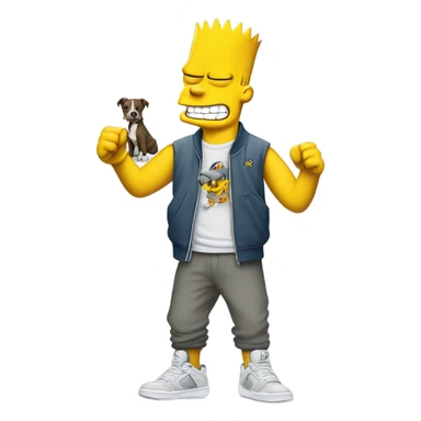 Bart Simpson wearing a gray Nike set with Jordan 4 and a pit bull sitting on the left of him sticker