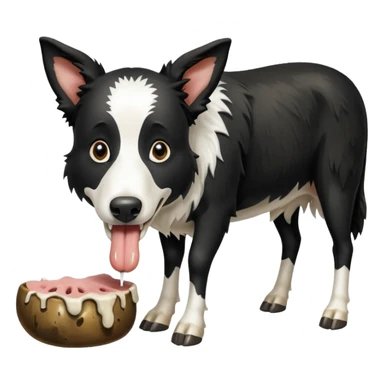 A black and white border collie is chewing on a rotten, smelly cow's hoof. sticker