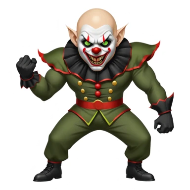 evil clown, bald, short black devil horns on forehead, fangs, pointed ears, black and military green leisure suit, realistically proportioned, bulky and muscular, full body, battle-ready, fighting posture sticker