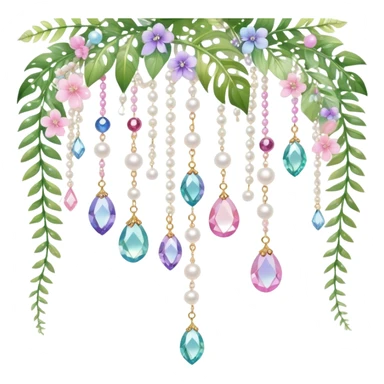 Exotic romantic pretty pastel Few cute tiny Iridescent glistening glossy sparkly shiny glittery hanging crystals pearls and beads and gemstones scenery scenic decorations with vines and ferns and flowers sticker