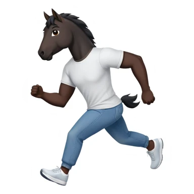 friendly anthropomorphised black stallion in jeans and a t-shirt, jogging upright in relaxed pose sticker