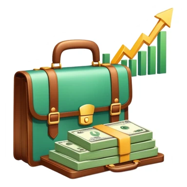 An icon showing a briefcase, a stack of money, and a graph with upward growth, representing business and entrepreneurship. The design highlights innovation, investment, and success in the world of startups and corporate ventures. Transparent background emphasizes the dynamic nature of business. sticker
