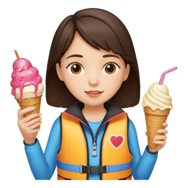 girl brunet kid wearing lifejacket, holding ice cream sticker