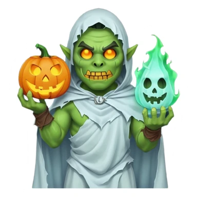male orc warrior ghost emoji, green skin, wearing torn white ghost sheet costume, holding glowing jack-o'-lantern, faint blue aura, friendly but spooky expression, Halloween fantasy theme, Apple emoji style, clean white background, square sticker