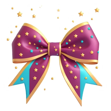 sparkly burgundy bow with gold outline and stars, glossy wet look sticker